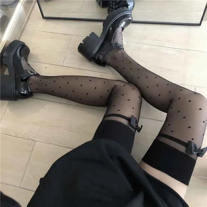 Japanese Style Thigh High Stockings Long Socks Women Cute Sweet Girls Lolita Bow Over Knee Socks Polka Dot Summer Nylon Stocking