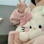 Kawaii Hello Kittys Cute Siamese Pajamas Women Coral Velvet Autumn Winter Sanrioed Sweet Thickened Warm Flannel Home Clothes