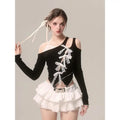 Black Slant Collar Lace Bow Irregular Long Sleeve T-shirt