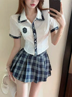 Kawaii Japanese Style Uniform Women Sweet Plaid Pleated Tops - Vusy Kawaii Shop