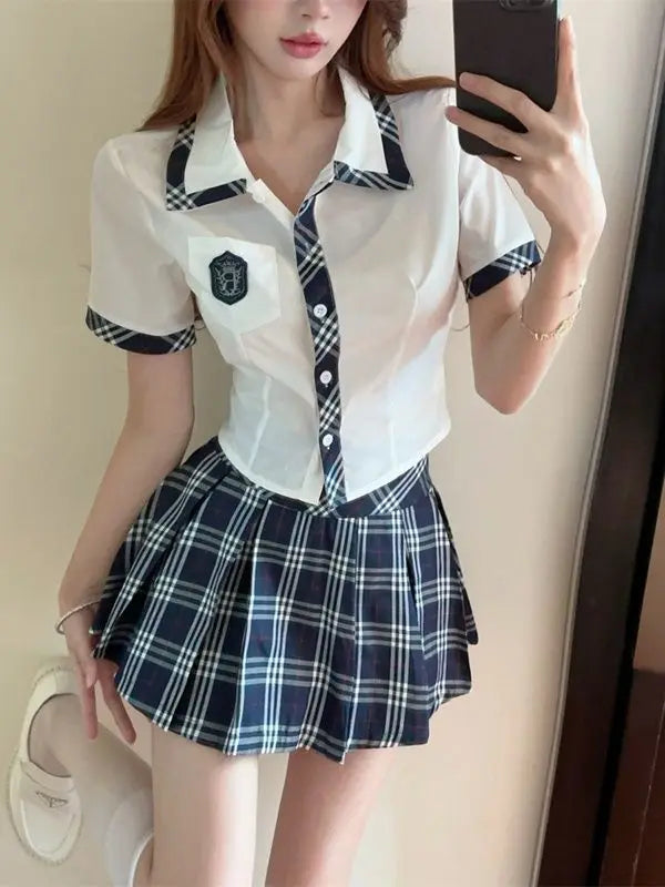 Kawaii Japanese Style Uniform Women Sweet Plaid Pleated Tops - Vusy Kawaii Shop