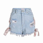 Japanese Summer High Waisted Denim Shorts Cute Ribbon Bow
