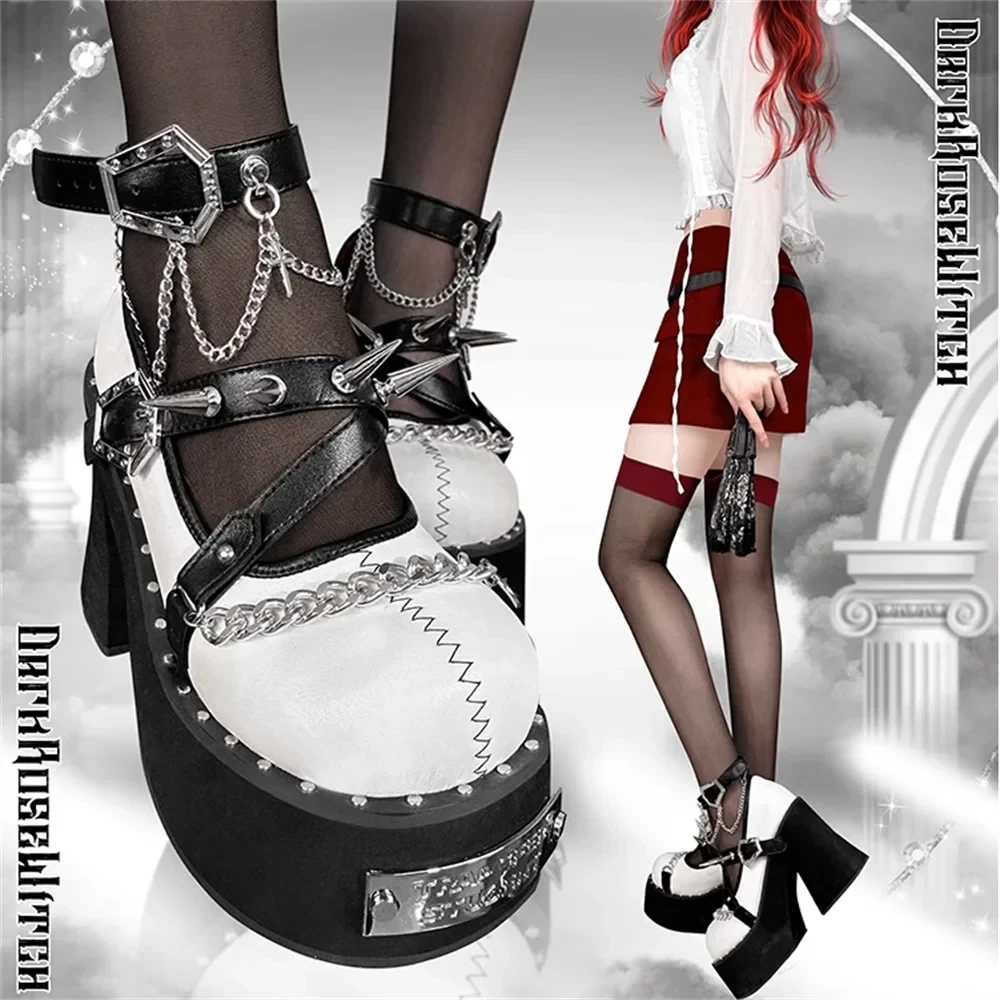 Original Summer Punk Style Round Toe Thick Sole Cake Shoes Y2K Riveted High Heels Women's Lolita Witch Shoes