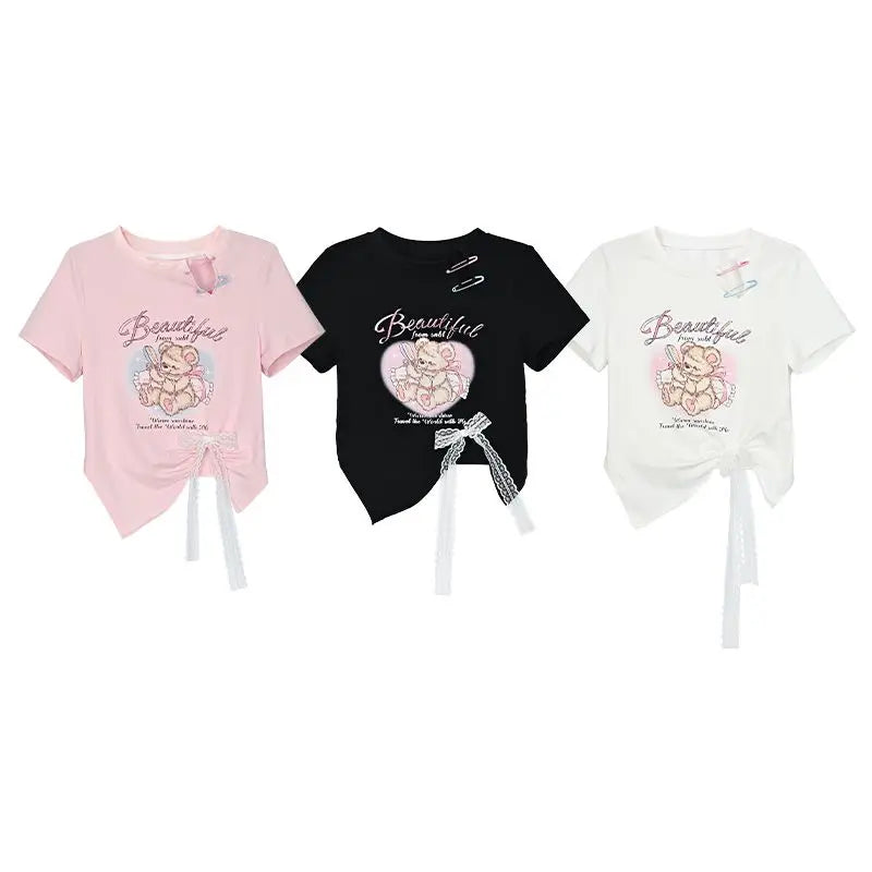 Sweetheart Bear Printed Soft Girl Slimming Crop Top Women - Vusy Kawaii Shop