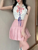 Kawaii Sweet Hot Girls Sexy Short Blouse Tops and Pleated - Vusy Kawaii Shop