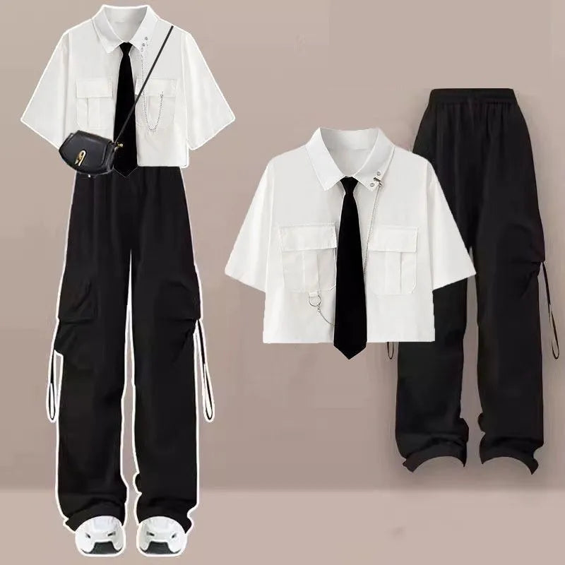 Tracksuit Set Korean College Style with Short-Sleeve Shirt - Vusy Kawaii Shop