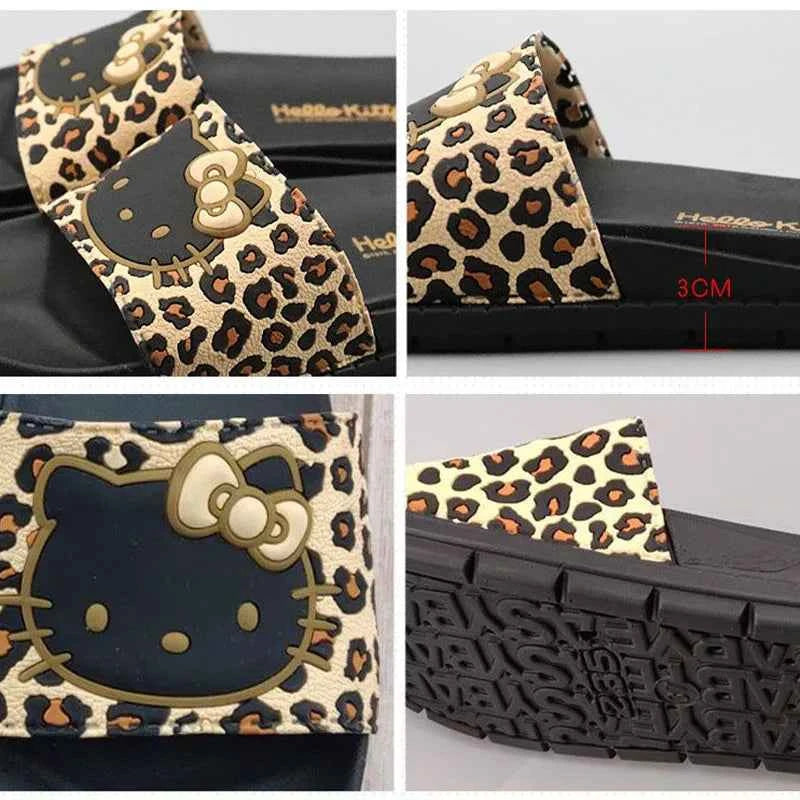 Hello Kittys Slippers Leopard Print Women Kawaii Summer Home Bathroom Bath Sandals Creative Fashion Non Slip Can Be Worn Outside