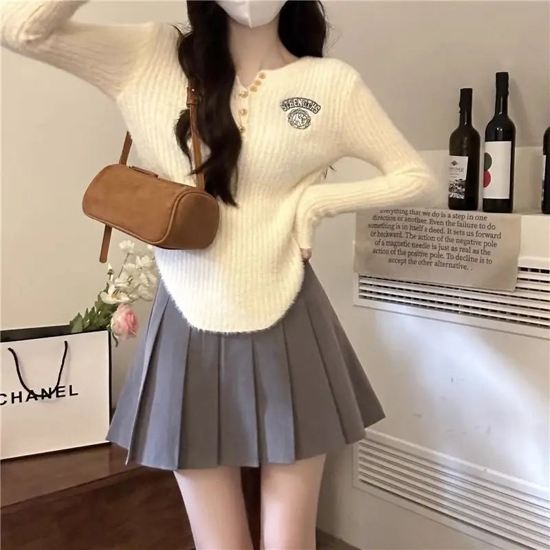 Mink Fur Soft Glutinous Embroidery V-Neck Knitted Sweater - Vusy Kawaii Shop