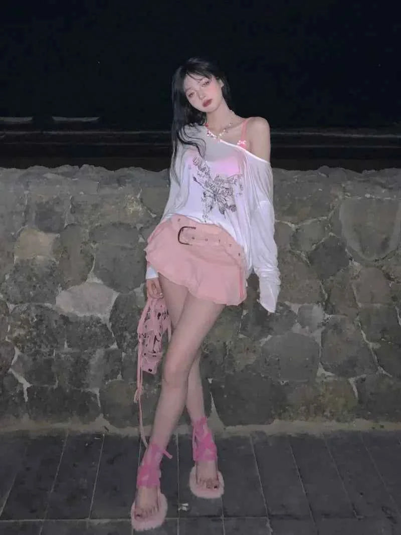 Pink Mini Skirts Aesthetic Sweet Cute High Sweet Slim Skirt