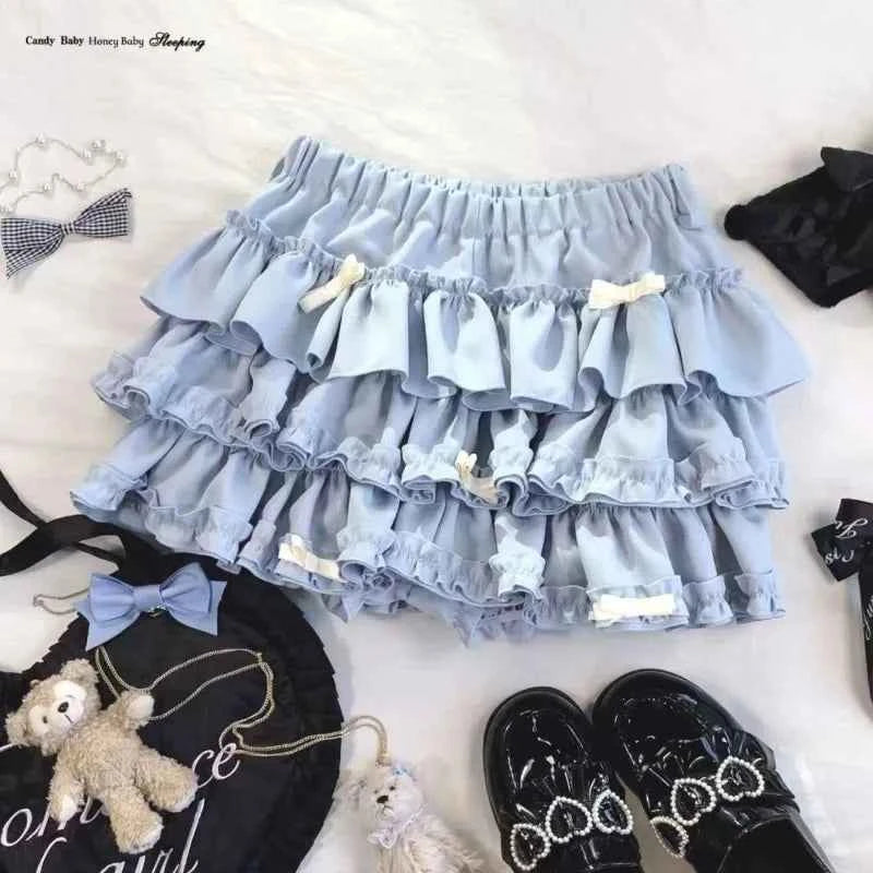 Japanese Sweet Lace Patchwork Ruched Cake Skirts High Waist
