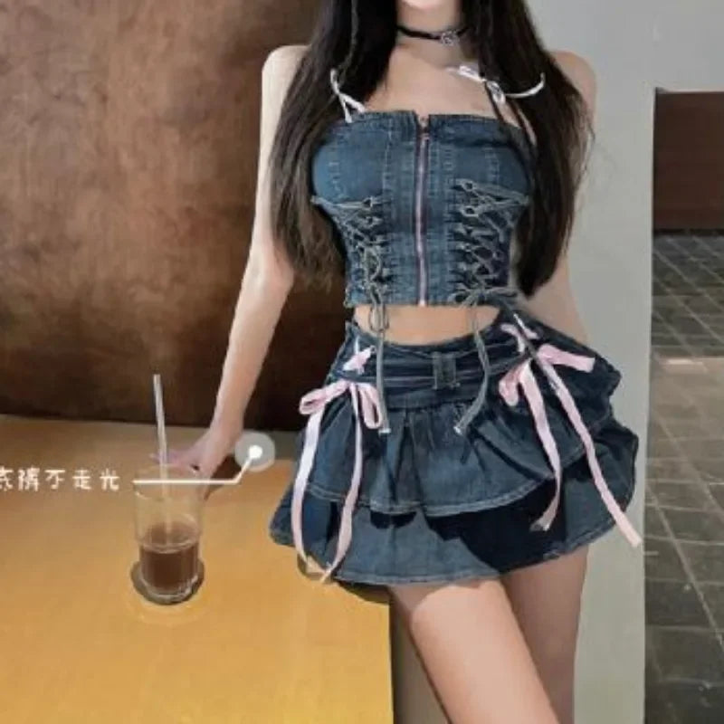 Vintage Sweet 2 Piece Set Denim Mini Skirt Women Ruffle - Vusy Kawaii Shop