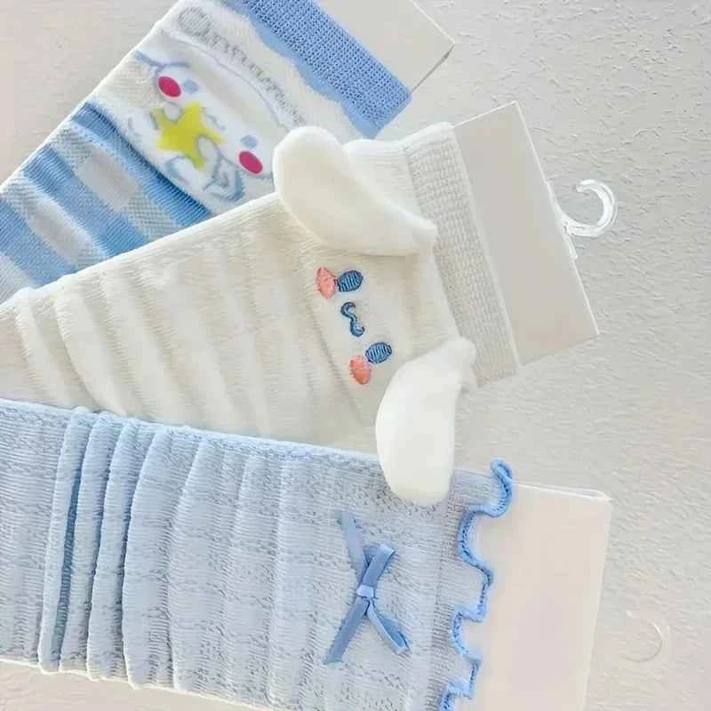 3Pcs Cinnamoroll mid-tube socks for girls light blue socks kawaii style pure cotton soft long socks warm thick cotton socks
