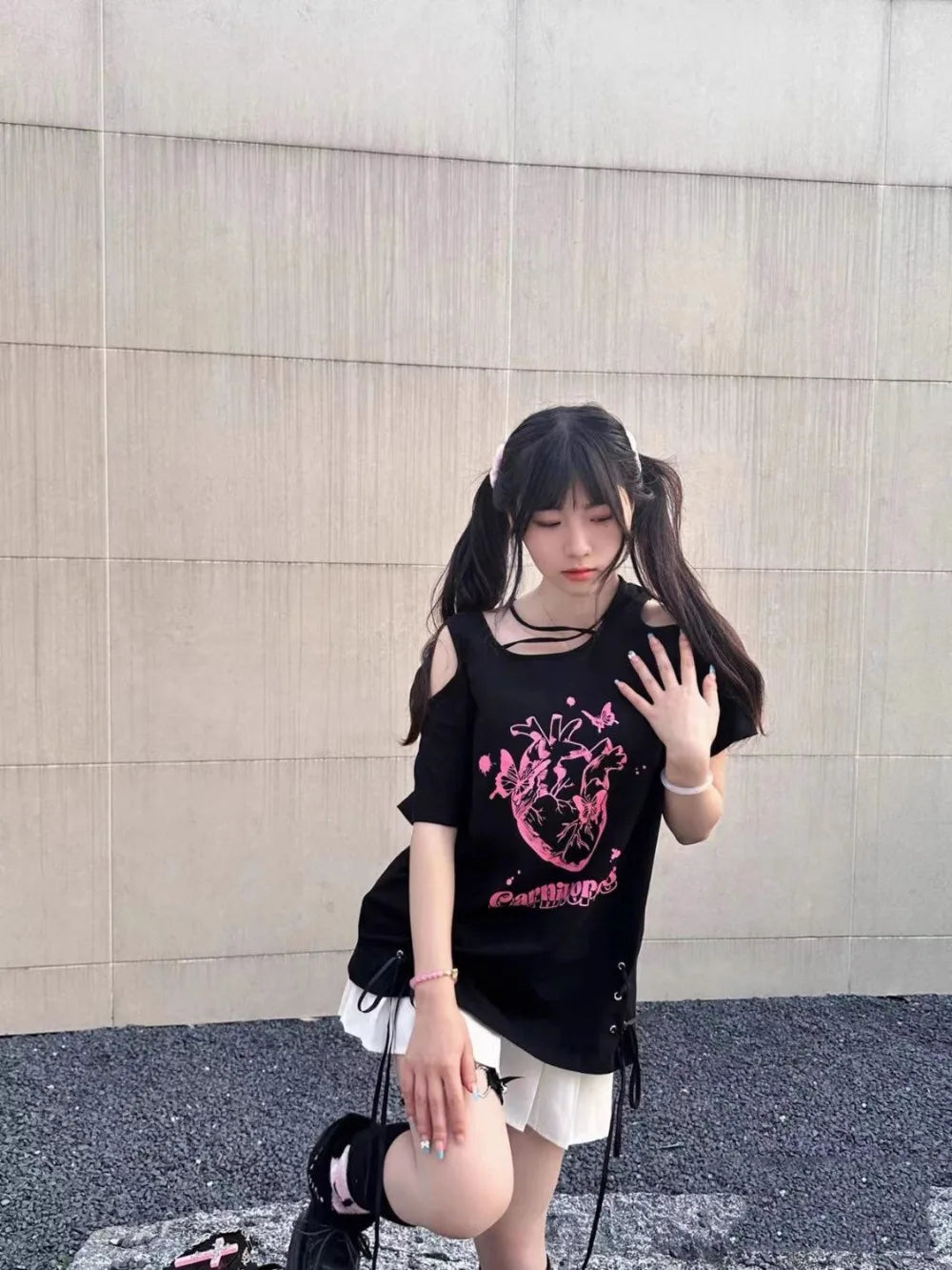 White Pleated Skirt Set Butterfly Letter Print Off Shoulder - Vusy Kawaii Shop