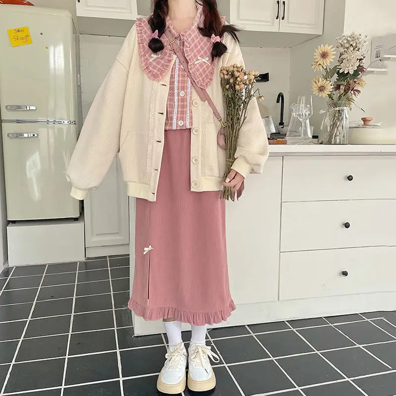 Autumn and Winter Set Students Korean Japanese Pink Check - Vusy Kawaii Shop