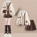 Cream Cable Knit Cardigan Shirt Tie and Skirt Set