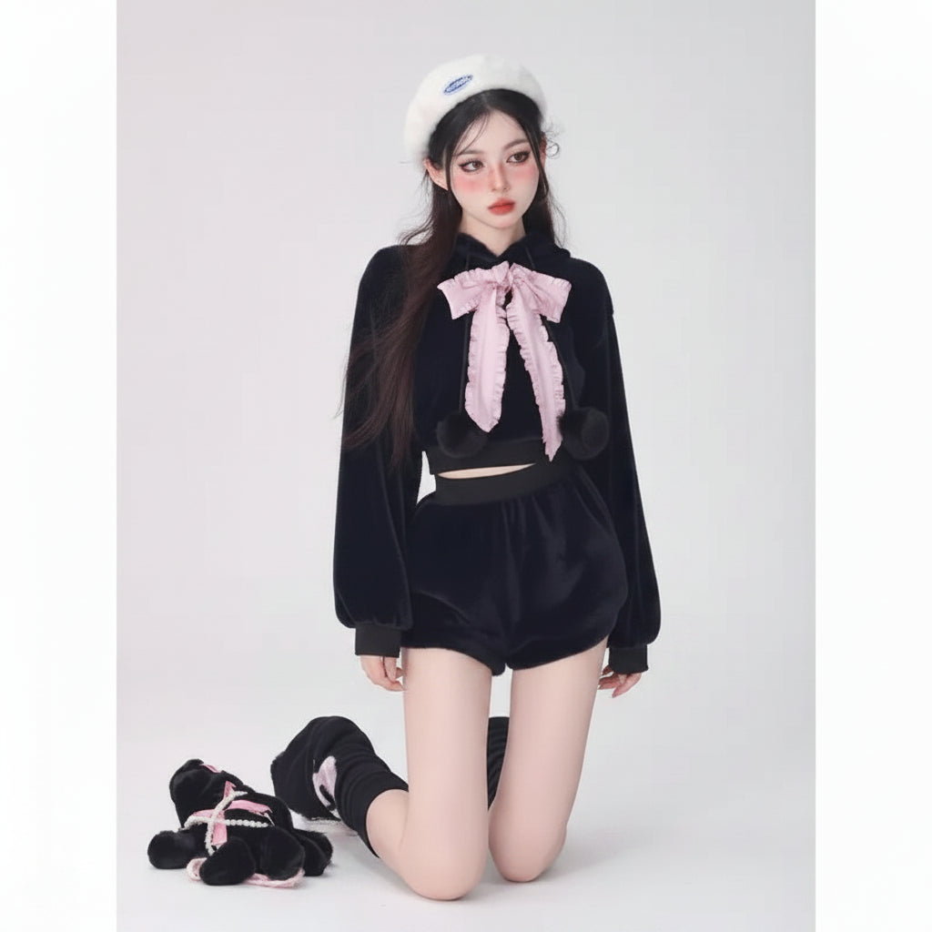 Autumn-Winter White Plush Bow Rabbit Ear Hooded Sweatshirt - Vusy Kawaii Shop