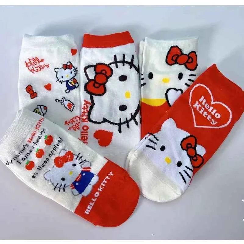 5pairs Kawaii Sanrio Hello Kitty Women Socks Cute Cartoon Christmas Socks Anime Cotton Korean Sweet Sock for Kids Girl