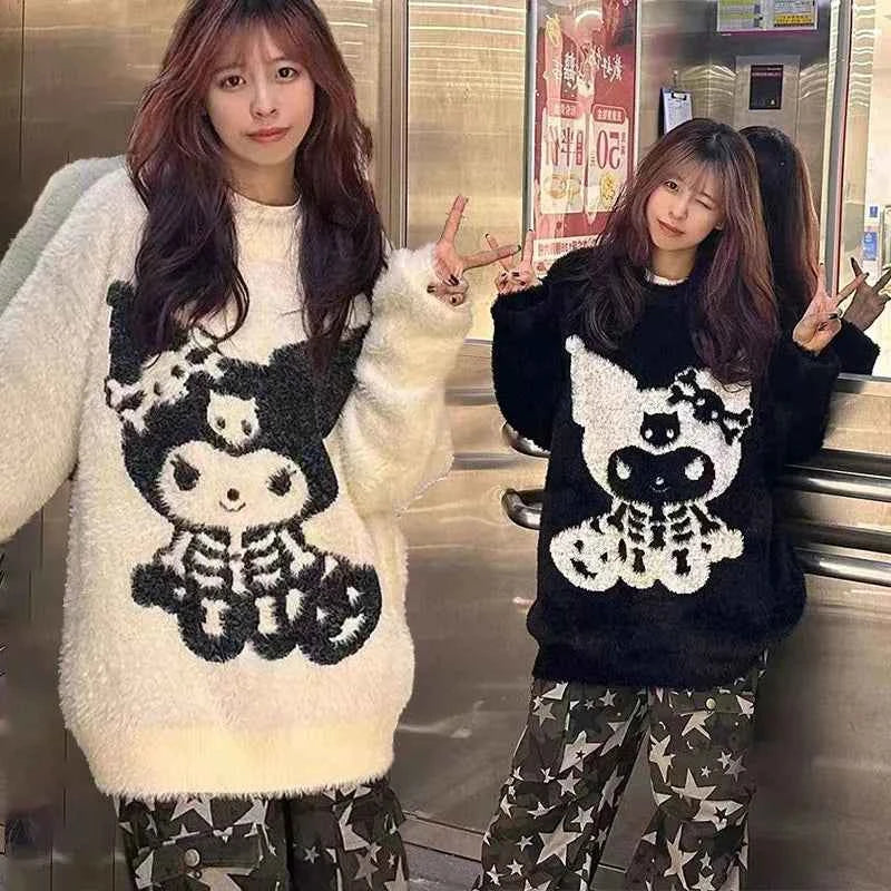 Sanrios Kuromi Women's Sweater Soft Female Autumn Winter Furry Pullover Sweaters Sweet Y2K Girl Korean Versatile Knitted Tops