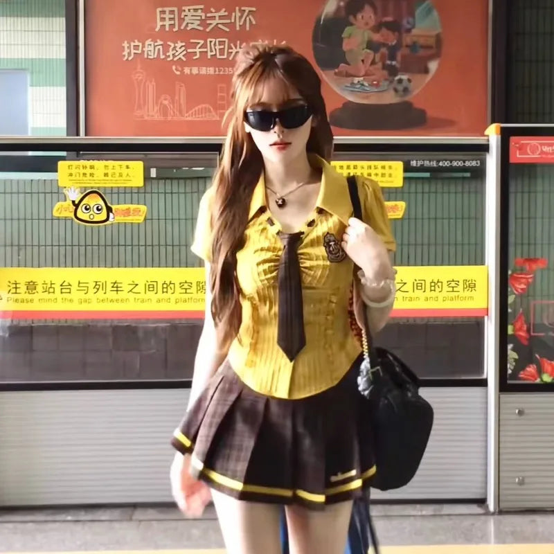 Summer Lapel Neck Slim Fit Short Sleeve Yellow Top - Vusy Kawaii Shop