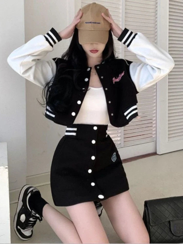 Fashion Two Piece Sets Outfits Letter Long Sleeve Crop Coat - Vusy Kawaii Shop