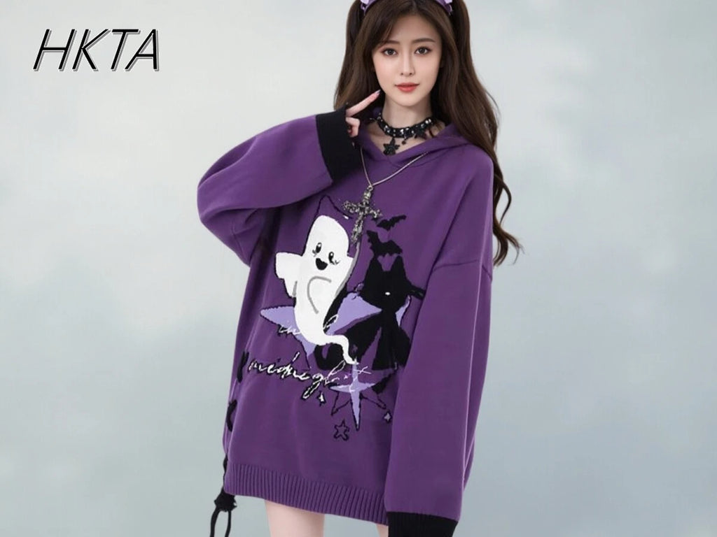 Purple Y2K ghost Halloween knit sweater on model, front view