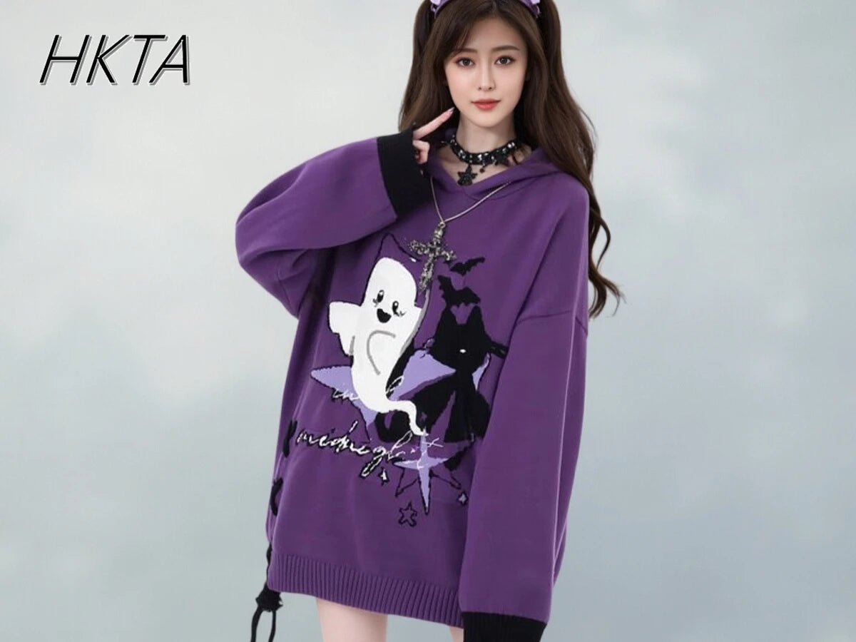 Purple Y2K ghost Halloween knit sweater on model, front view