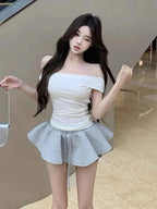 Solid Spliced Lace up Slimming Mini Skirts High Waist