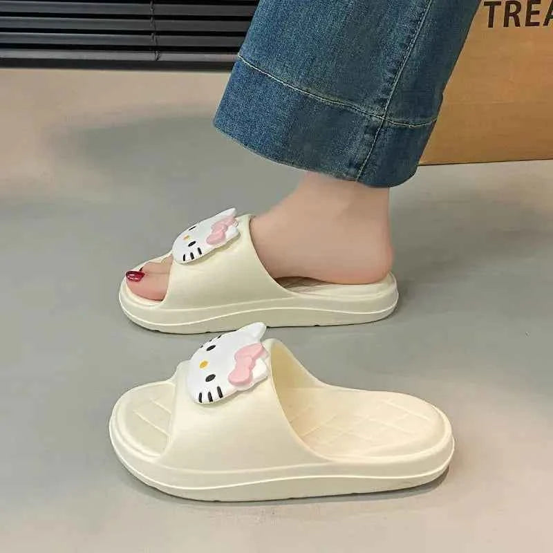 Cute Sanrios Hello Kittys Thick Sole Women Slippers Slides Bathroom Beach Indoor Sandals Girl Summer Anti Slip Shoes Lightweight