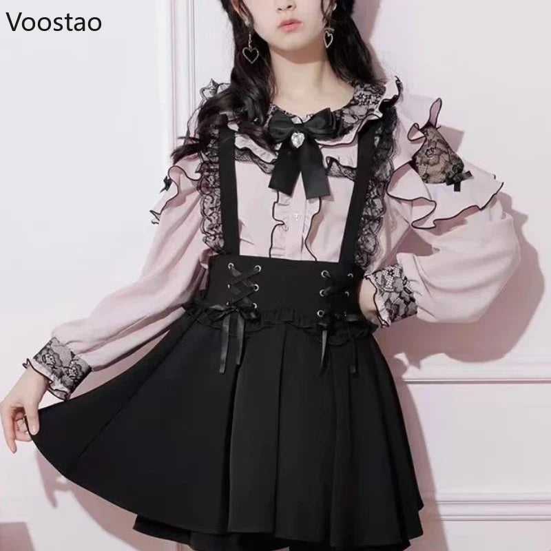 Japanese Gothic Lolita Shirt Women Aesthetic Sweet Bow Lace - Vusy Kawaii Shop