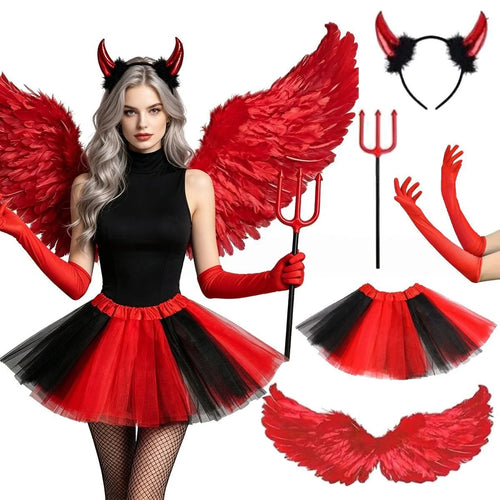 Woman wearing red devil Halloween costume set with feather wings, horn headband, trident, red gloves and red and black tutu skirt