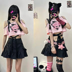 American Sexy Hollow Out Black Pink T-Shirts Summer Print - Vusy Kawaii Shop