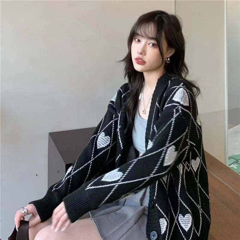 Women Heart Pattern Jacquard Sweater Long Sleeve Love Style - Vusy Kawaii Shop