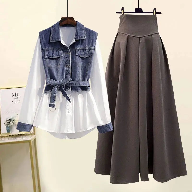 Spring Autumn Elegant Denim Splicing Fake Two Piece Long - Vusy Kawaii Shop