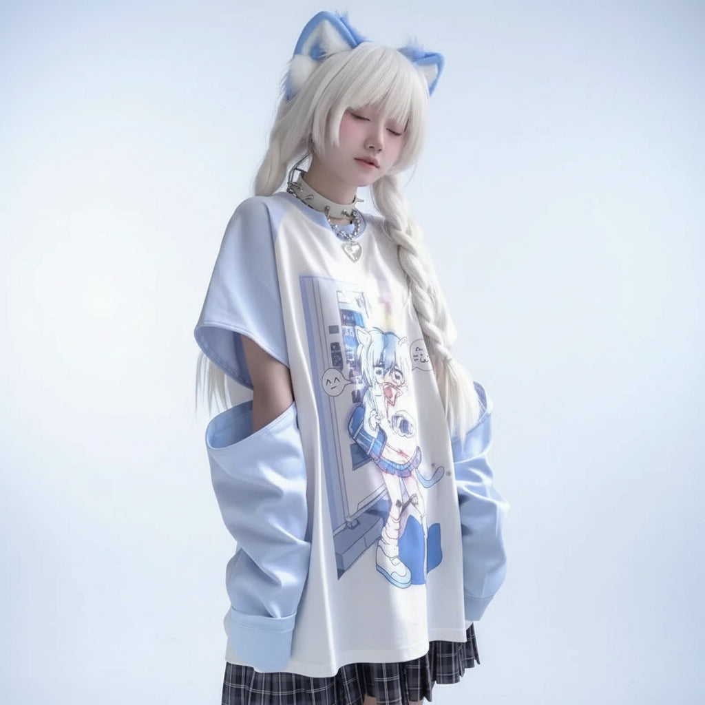 Japanese Woman Clothing with Removable Sleeve T-Shirts Short - Vusy Kawaii Shop