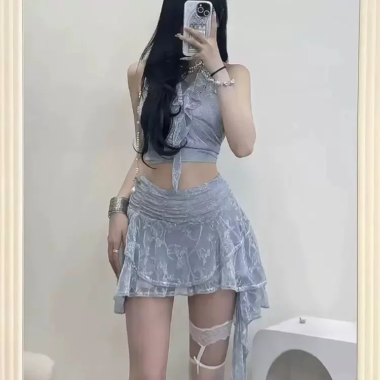 Sexy Summer Half Skirt Bikini Set with Lace Trim Hanging - Vusy Kawaii Shop