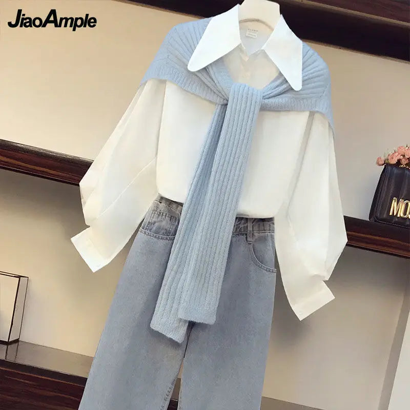 Two Pieces Set Women Fashion Long Sleeve White Shirt, Shawl - Vusy Kawaii Shop