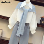 Two Pieces Set Women Fashion Long Sleeve White Shirt, Shawl - Vusy Kawaii Shop