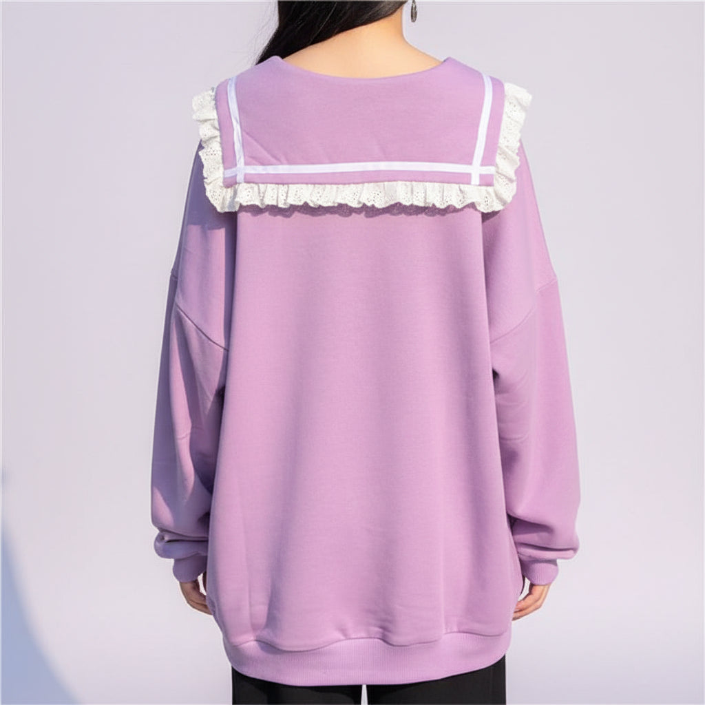 Autumn Sweet Women Hoodies Loose Hooded Sailor Collar Cute Lace Patchwork Female Zip Up Hoodies - Vusy Kawaii Shop