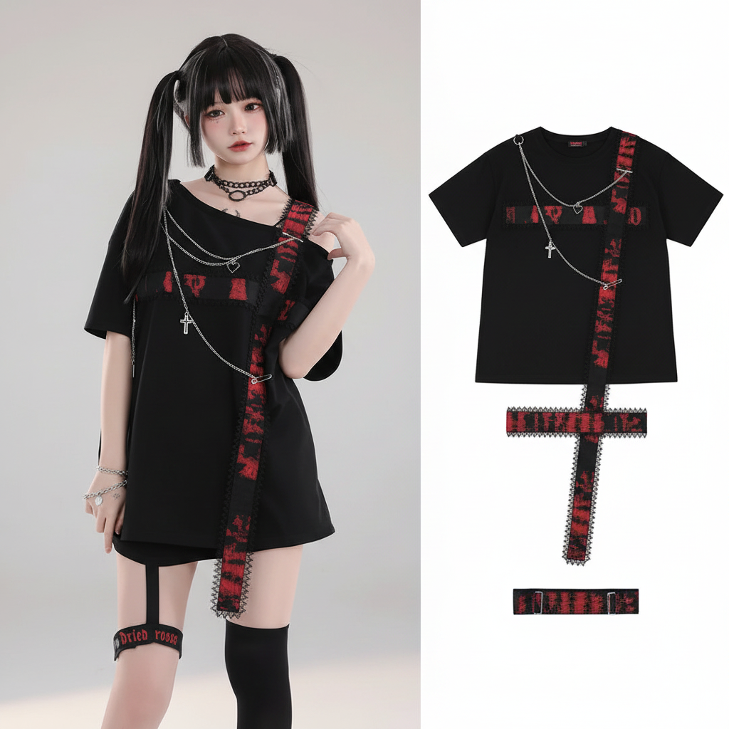 T-shirts Harajuku Femme Chaîne Croisée Haut Ample