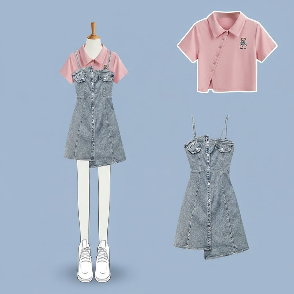 Summer Dress Matching Set Fashion Short Top and Denim Strap - Vusy Kawaii Shop