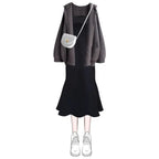 Autumn-Winter Knit Set Hooded Sweater Strap Skirt - Vusy Kawaii Shop