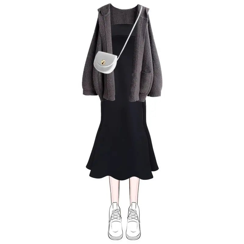 Autumn-Winter Knit Set Hooded Sweater Strap Skirt - Vusy Kawaii Shop
