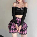 Mall Goth Gothic Lace Ruffle Mini Skirts Womens Harajuku Fairy Grunge Pink Plaid Pleated Skirt Japanese Lolita Streetwear