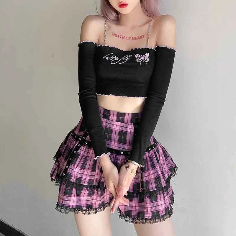 Mall Goth Gothic Lace Ruffle Mini Skirts Womens Harajuku Fairy Grunge Pink Plaid Pleated Skirt Japanese Lolita Streetwear