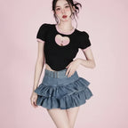 Skirt Set Bow Tie Love Hollow Out Crop Top Denim Ruffled - Vusy Kawaii Shop