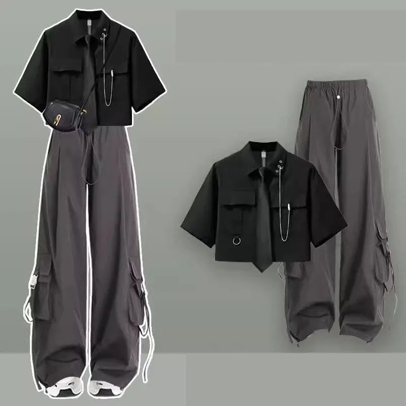 Tracksuit Set Korean College Style with Short-Sleeve Shirt - Vusy Kawaii Shop