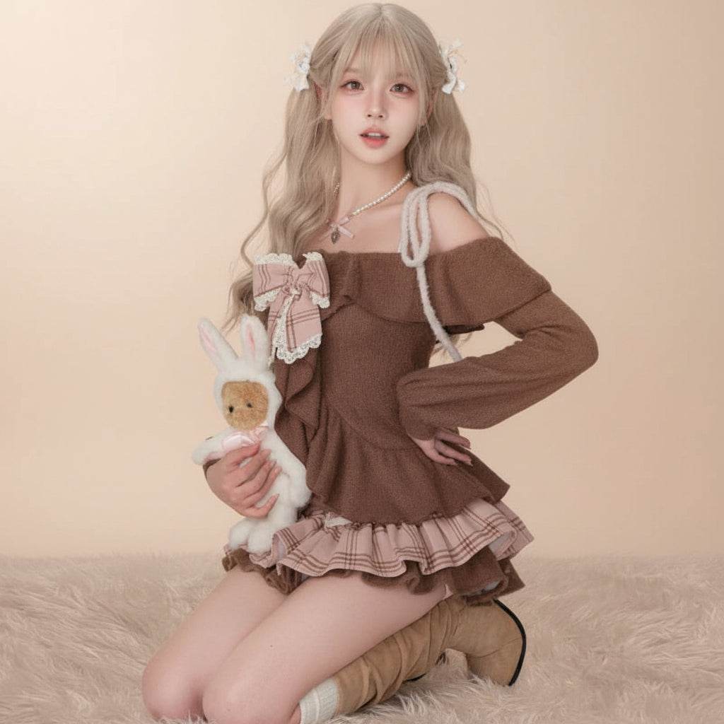 Japanese Sweet Lolita 2 Piece Sets Women Retro Off Shoulder - Vusy Kawaii Shop