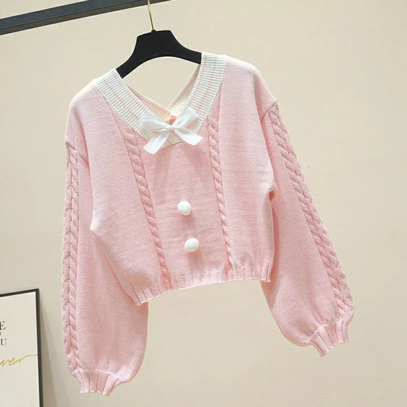 Sweet Autumn Lantern Sleeve V Neck Pullovers Wild Knitted - Vusy Kawaii Shop