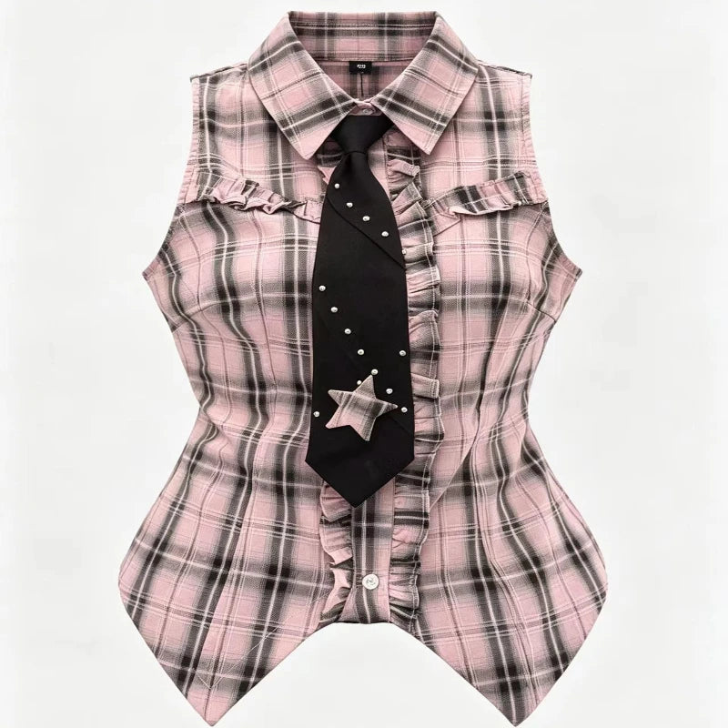 Women's Gothic Preppy Plaid Shirt, Ruffle Cardigan & Tiered Skirt Set