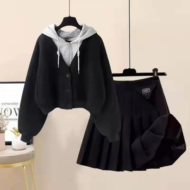 Plush Thickened Long Sleeved Hooded Mini Pleated Skirt - Vusy Kawaii Shop